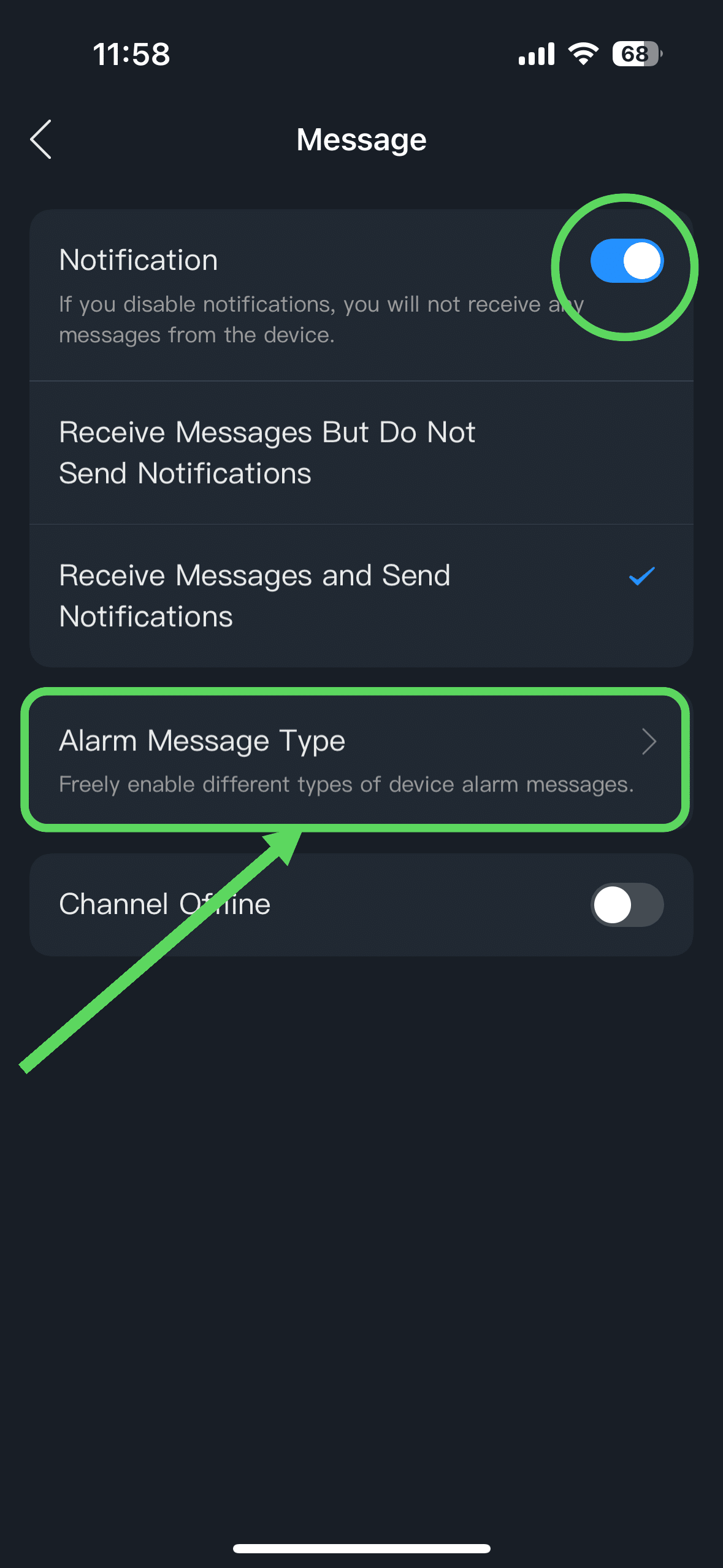 Enable Notifications/Select Alarm Message Type